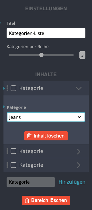 Kategorien-Liste - Einstellungen