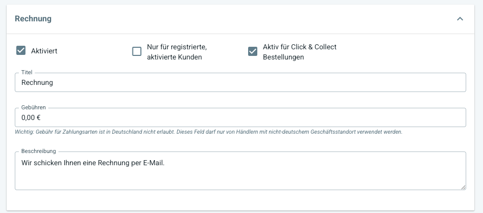 Beispiel Zahlungseinstellung für Click & Collect

