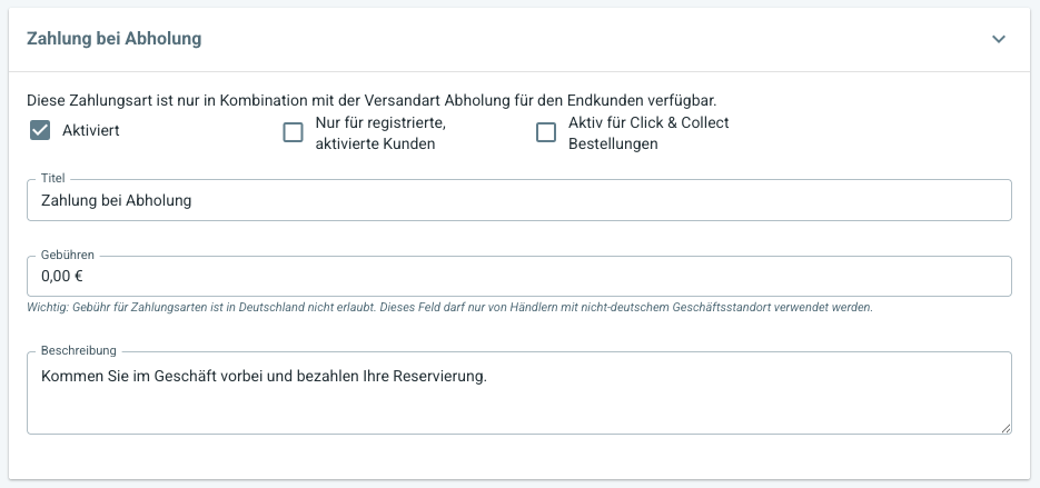 Zahlung bei Abholung einrichten
