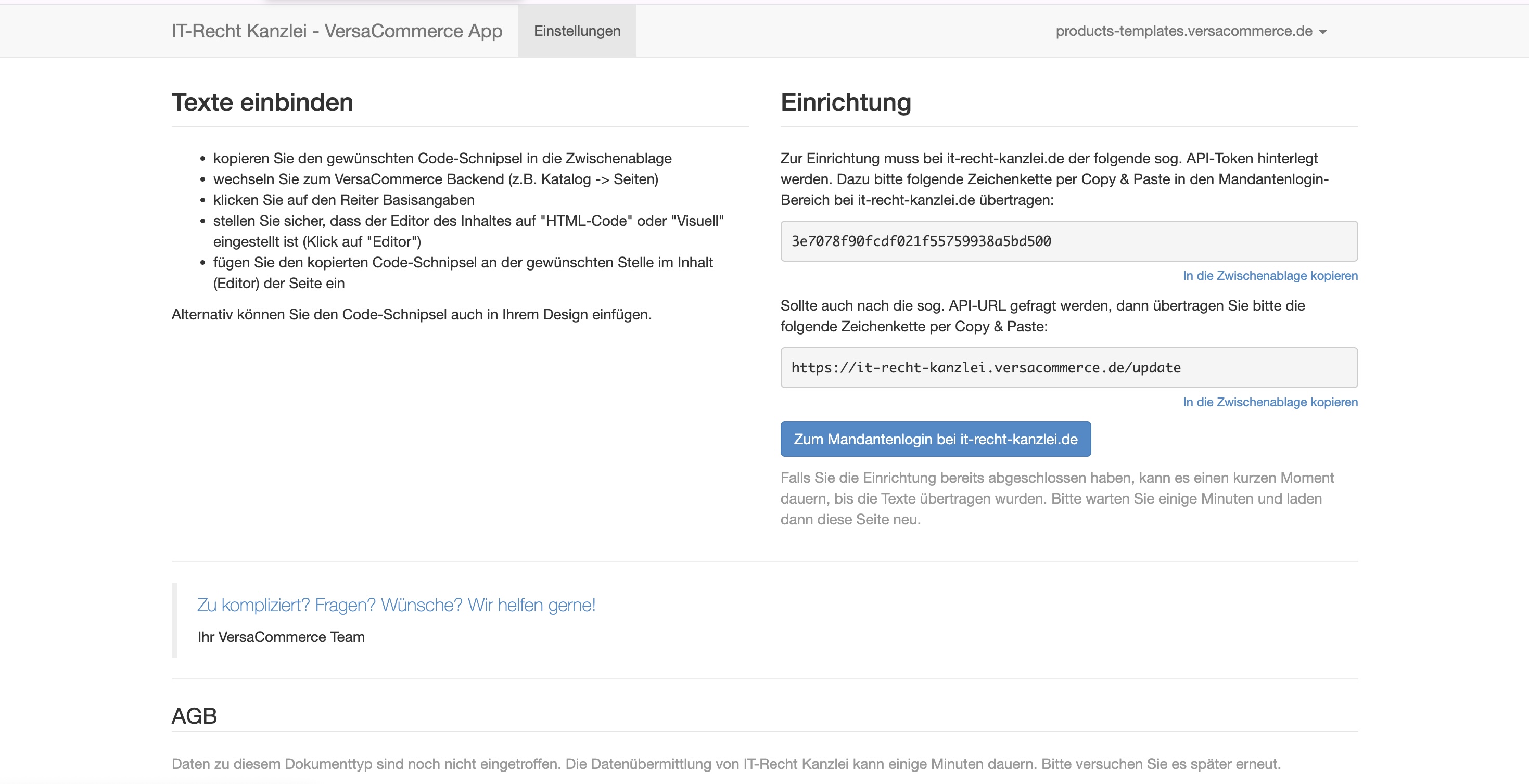 Verknüpfen von IT-Recht Kanzlei mit VersaCommerce: Anleitung zur Einbindung von rechtlichen Texten und API-Token