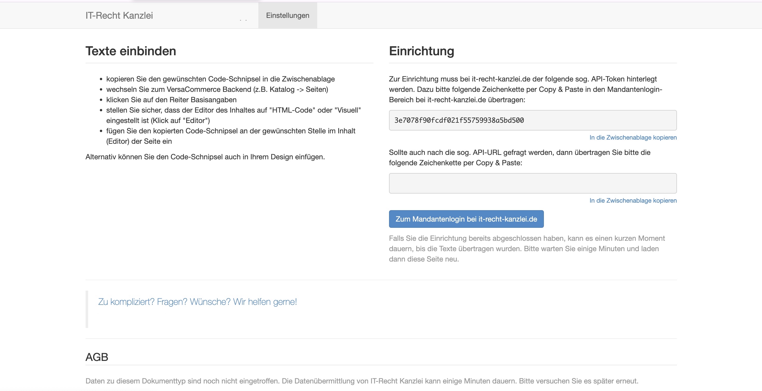 Verknüpfen von IT-Recht Kanzlei mit System: Anleitung zur Einbindung von rechtlichen Texten und API-Token