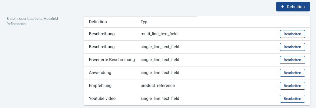 Metafelder Bearbeitung