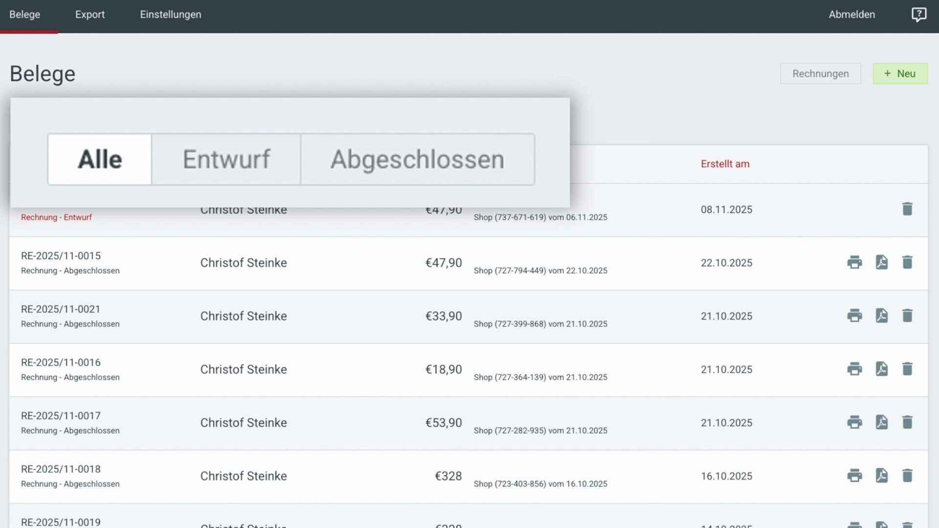 Übersicht der Belege Schritt 1