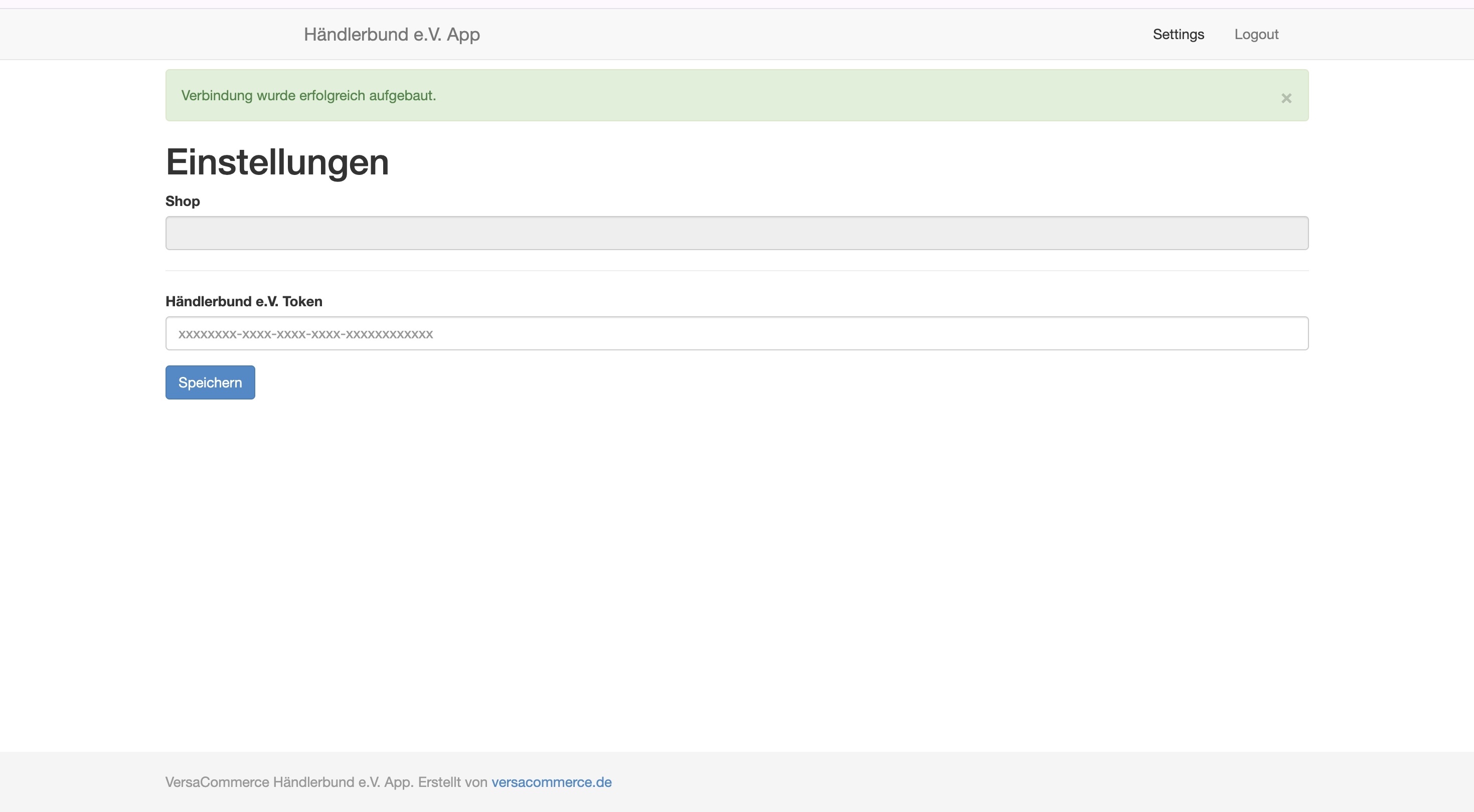Konfiguration der System Händlerbund e.V. App: Anzeige der erfolgreichen Verbindungsherstellung zum Shop.