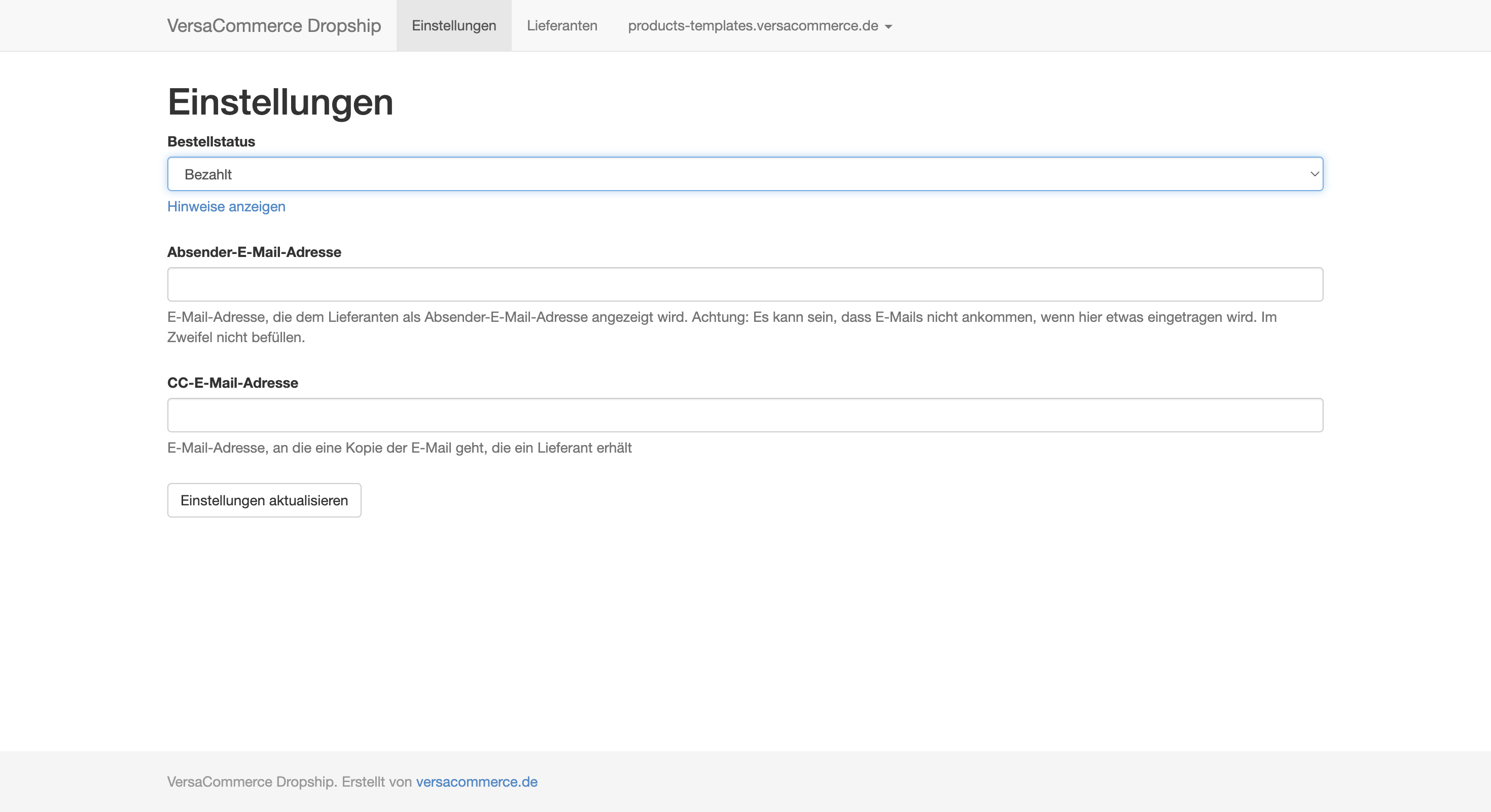 Einstellungen für VersaCommerce Dropship: Schnittstelle zur Verwaltung von Bestellstatus und E-Mail-Kommunikation.