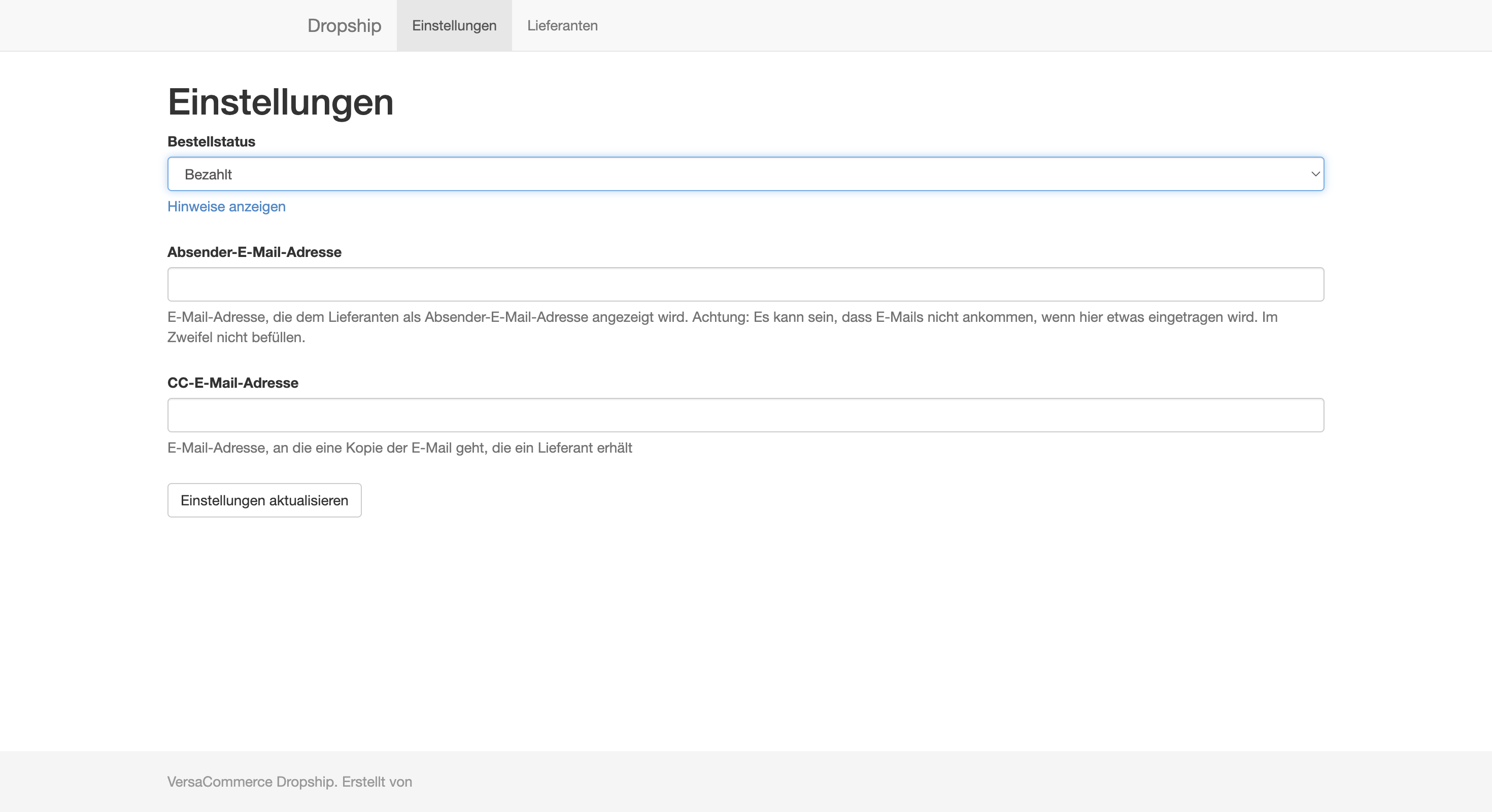 Einstellungen für System Dropship: Schnittstelle zur Verwaltung von Bestellstatus und E-Mail-Kommunikation.