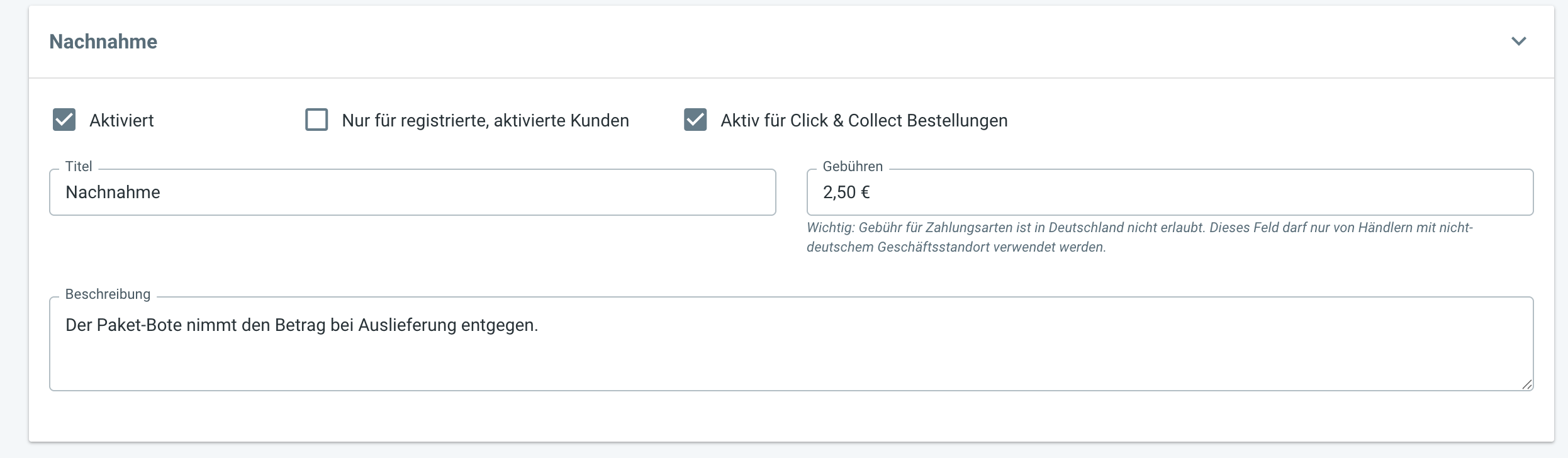Die Nachnahmeoption wird im Online-Shop konfiguriert.