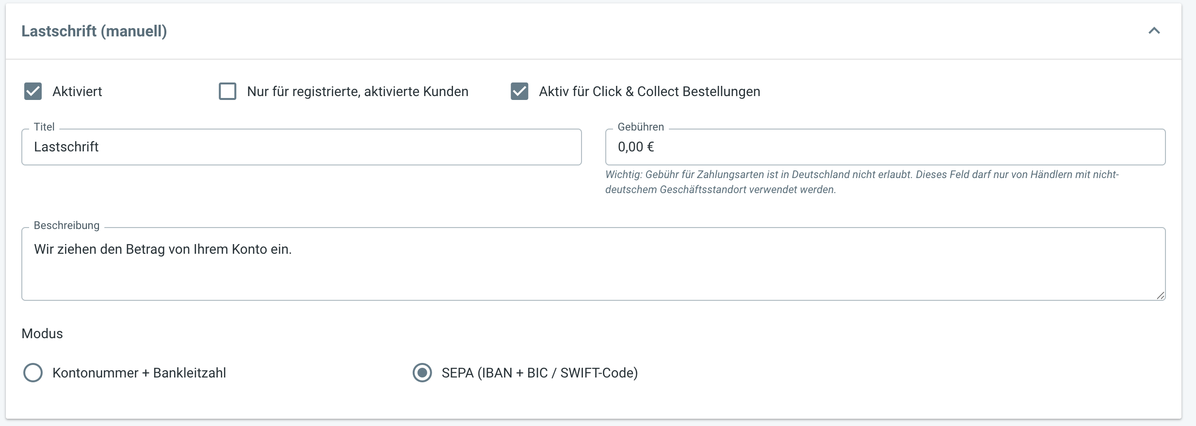 Einrichtung der manuellen Lastschriftoption im Online-Shop.