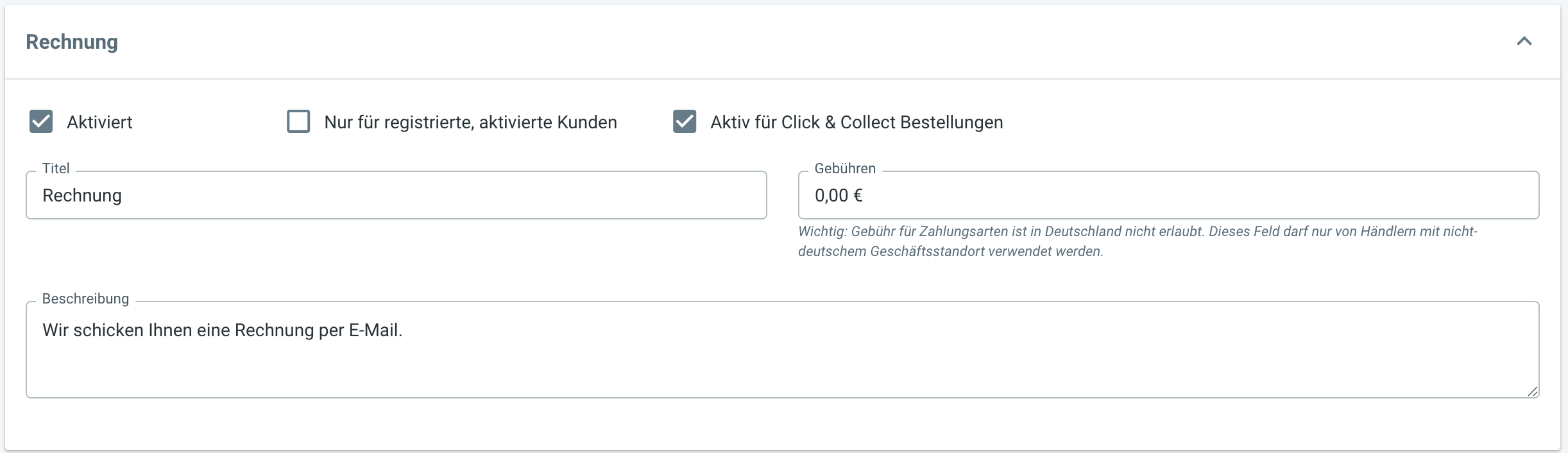 Einrichtung der Zahlungsoption 'Rechnung' im Online-Shop.
