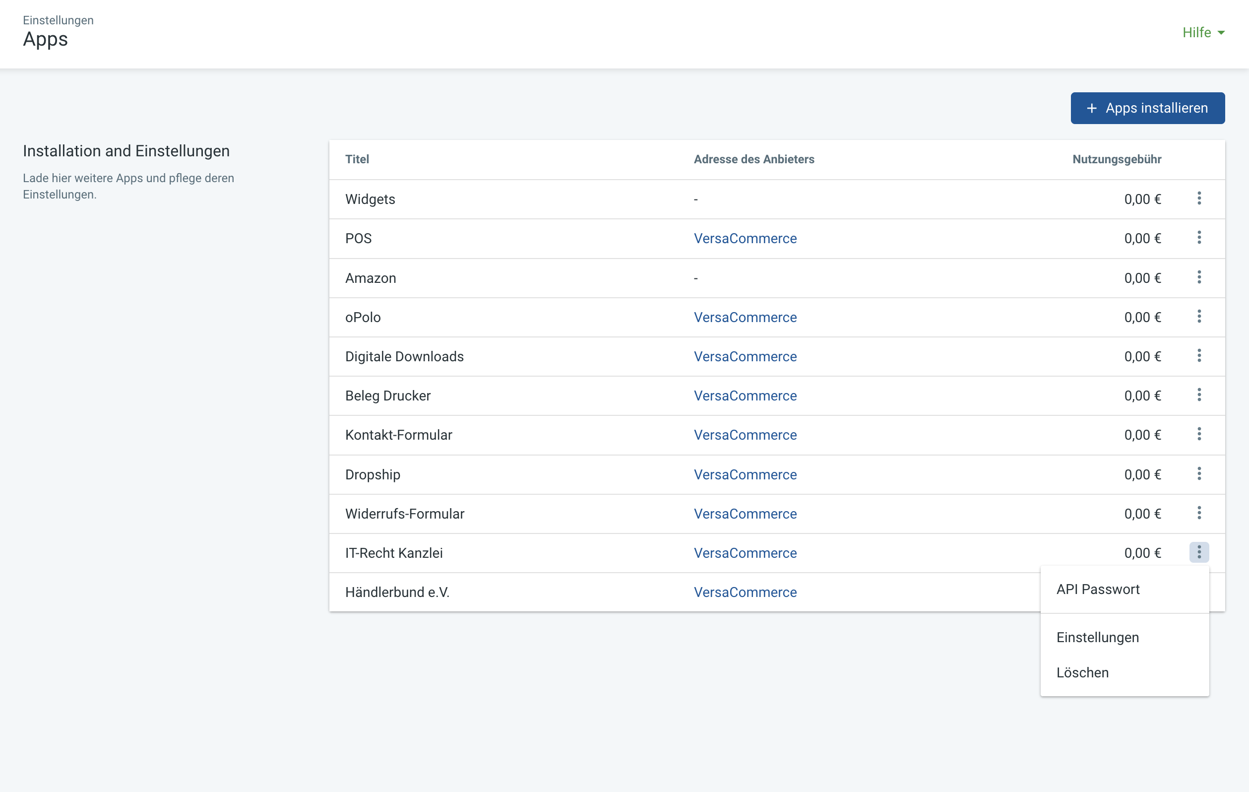 Apps im VersaCommerce-Dashboard werden verwaltet.