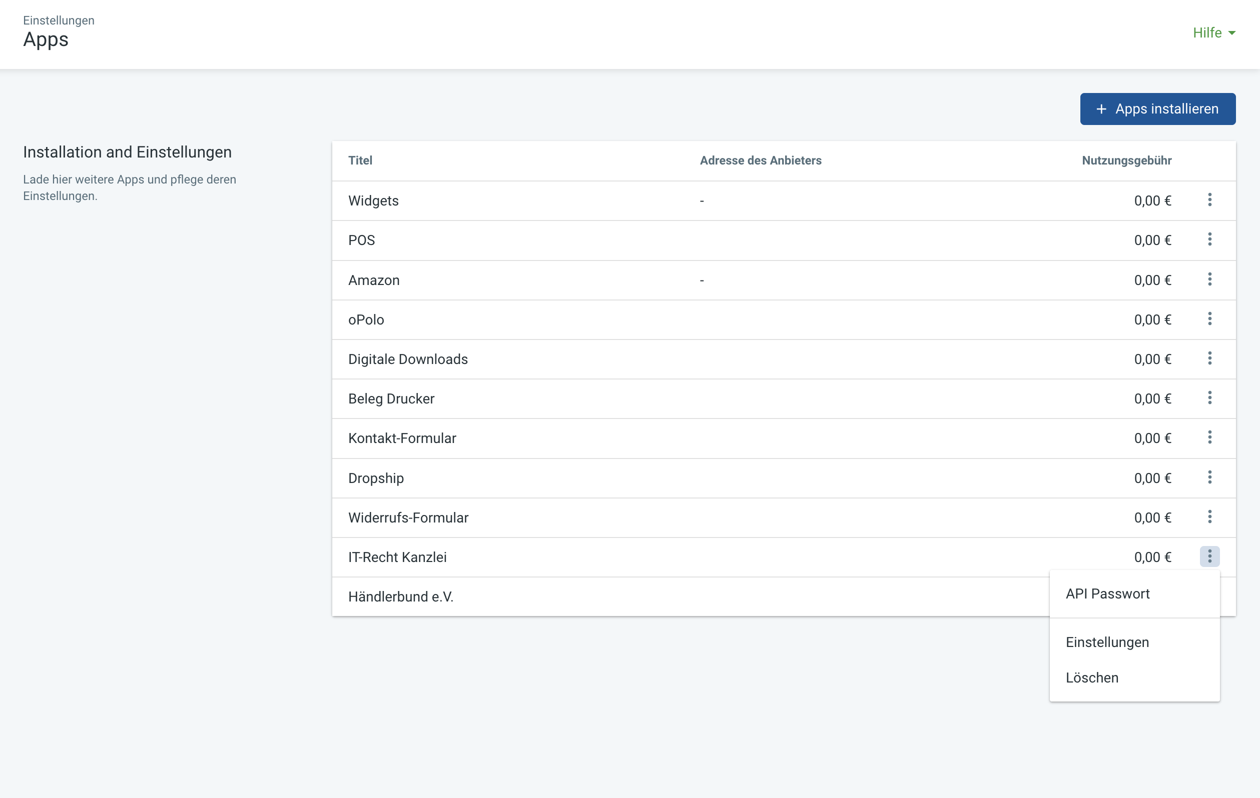 Apps im System-Dashboard werden verwaltet.