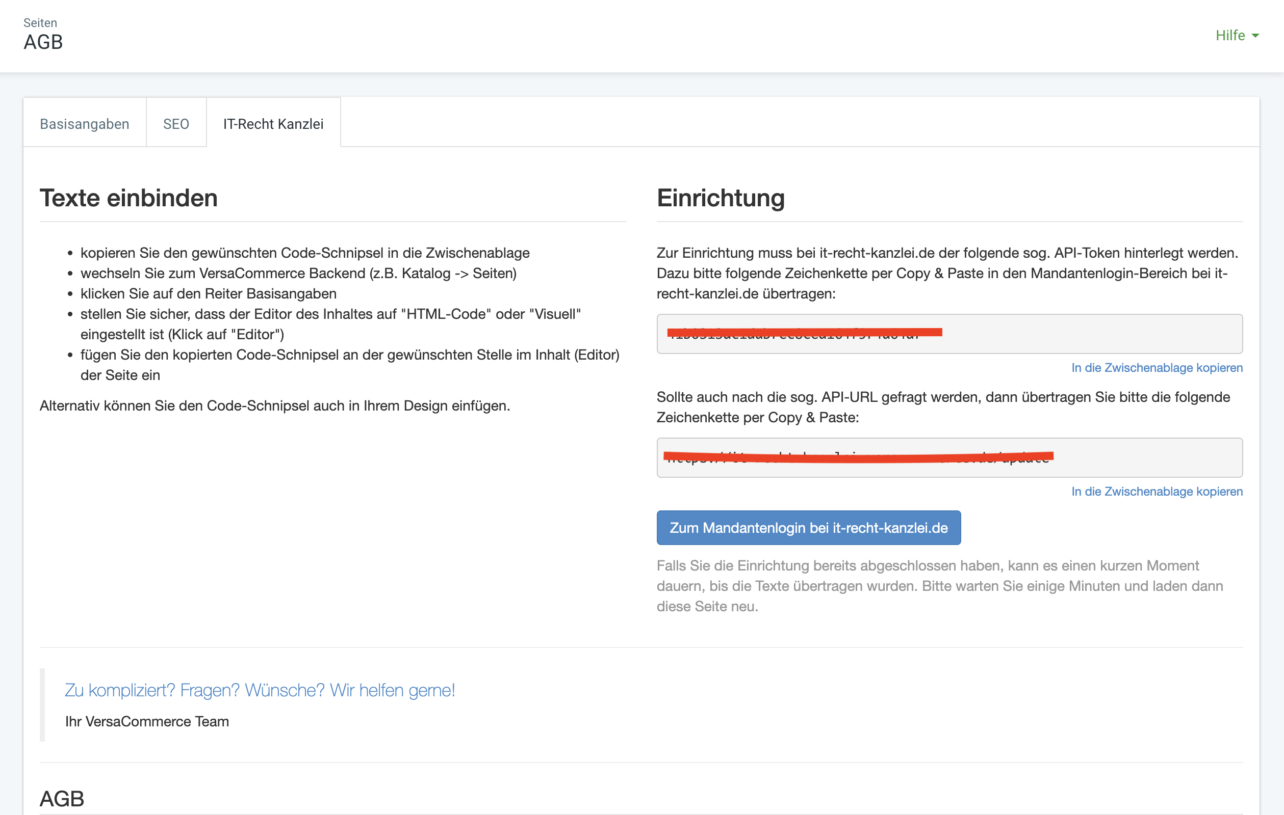 Integration von rechtlichen Texten auf der AGB-Seite im VersaCommerce-Backend.