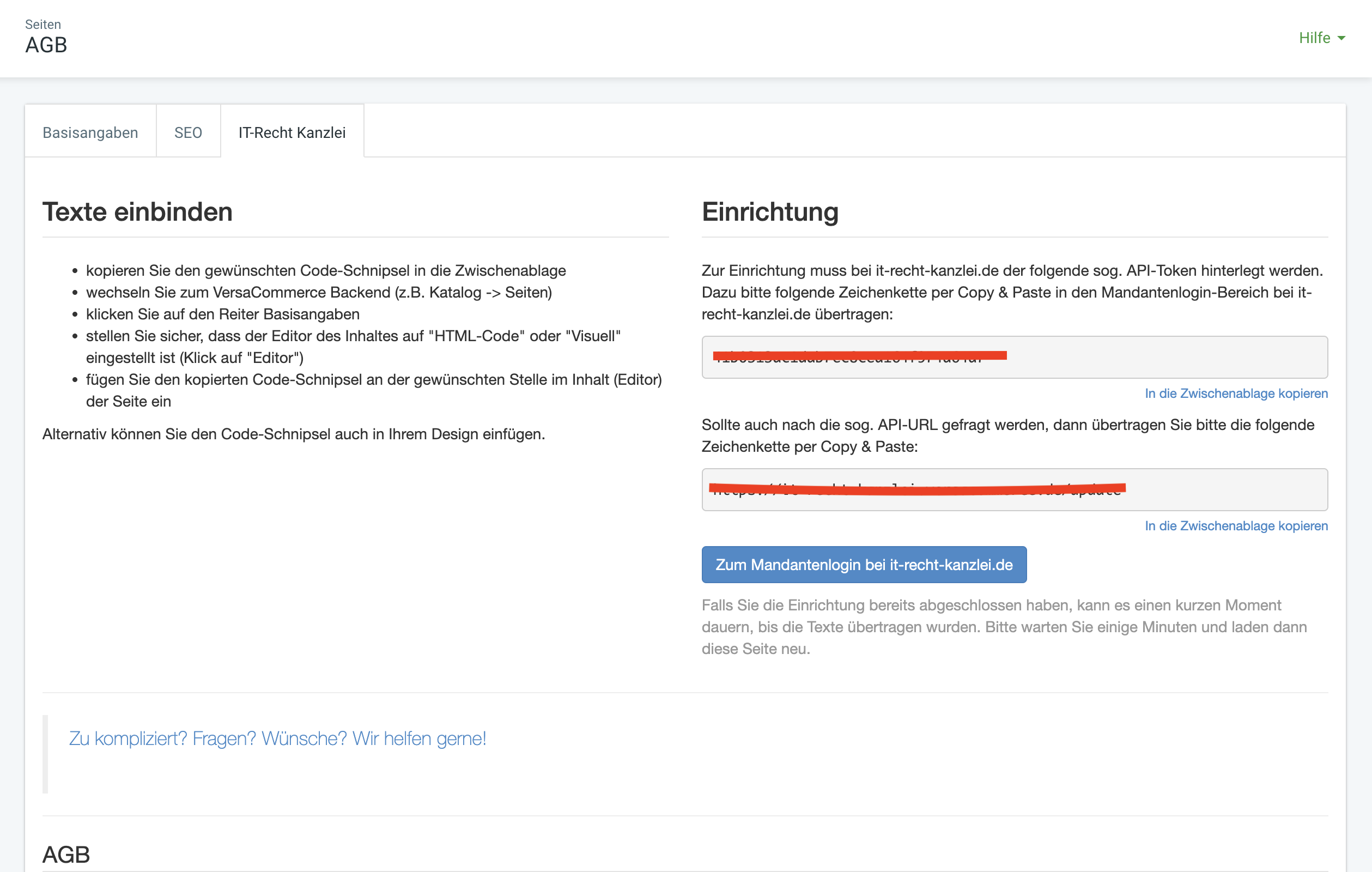 Integration von rechtlichen Texten auf der AGB-Seite im System-Backend.