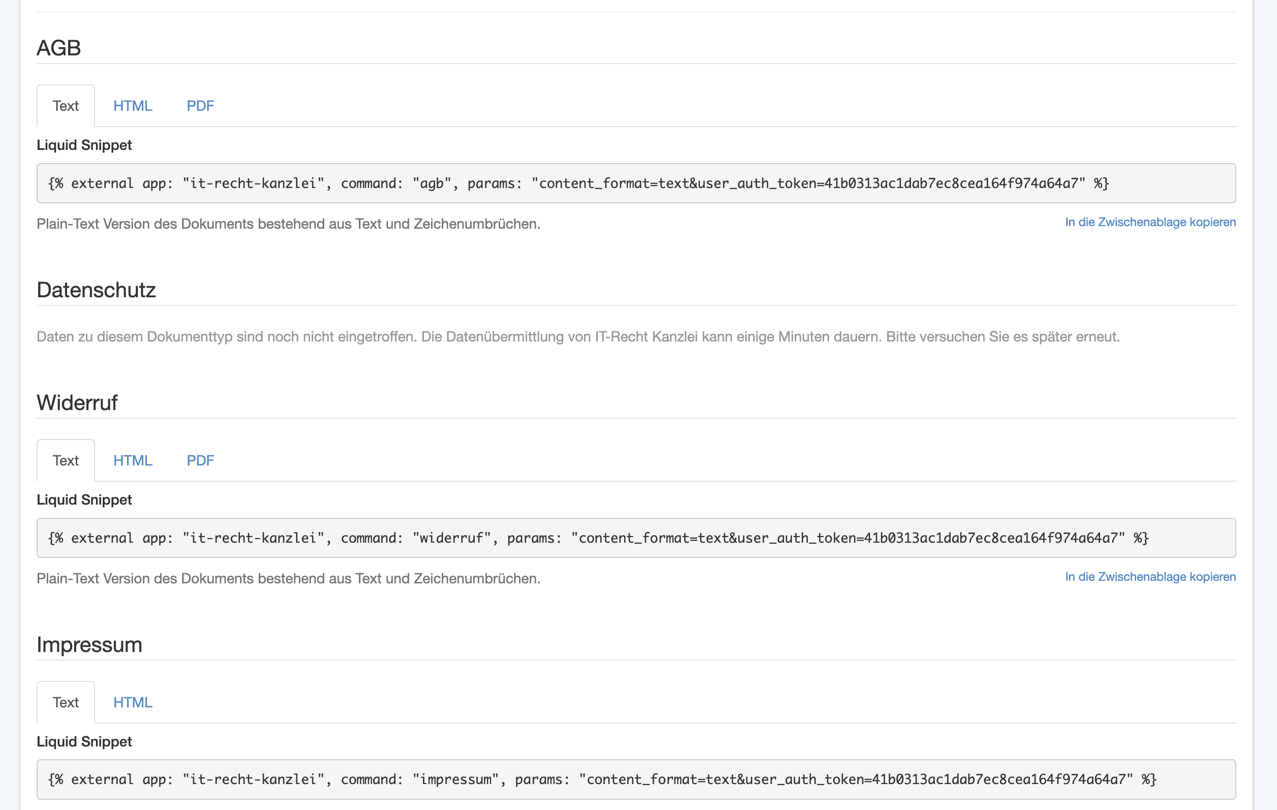 Integration von rechtlichen Texten auf der AGB-Seite im VersaCommerce-Backend.
