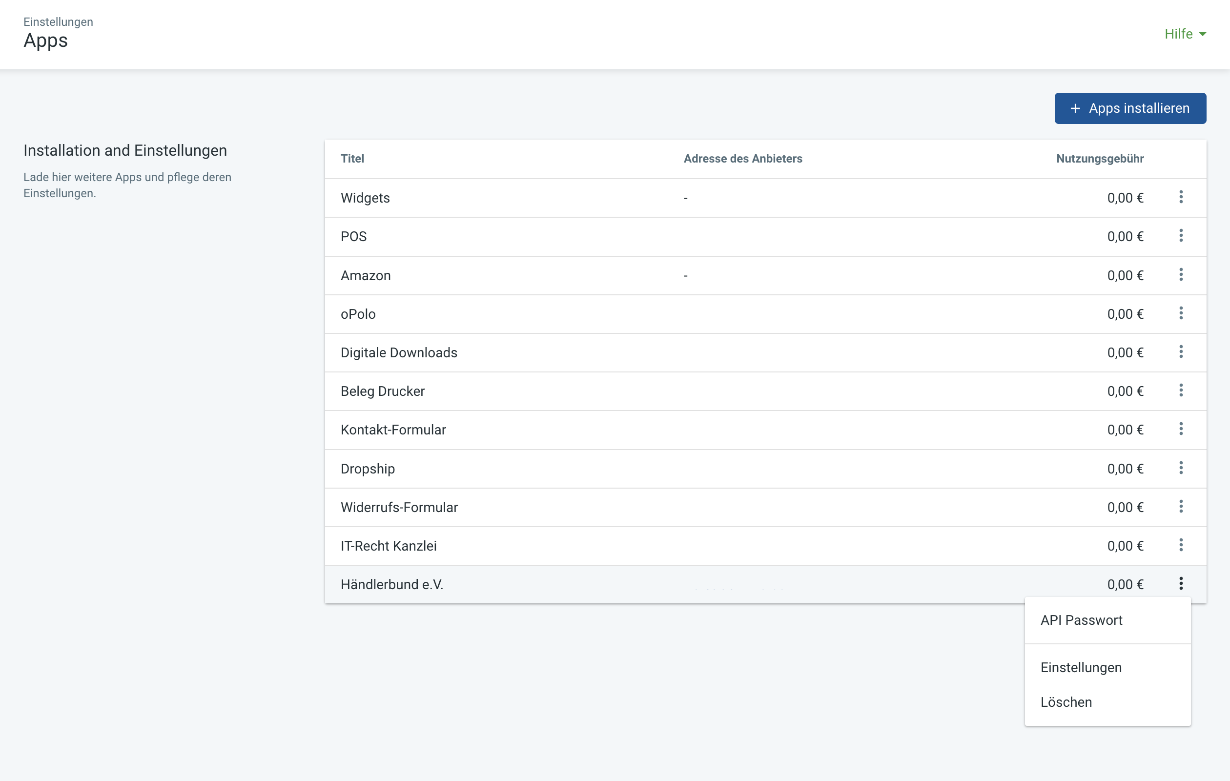Darstellung des Administrations-Dashboards für Shop-Einstellungen im System.