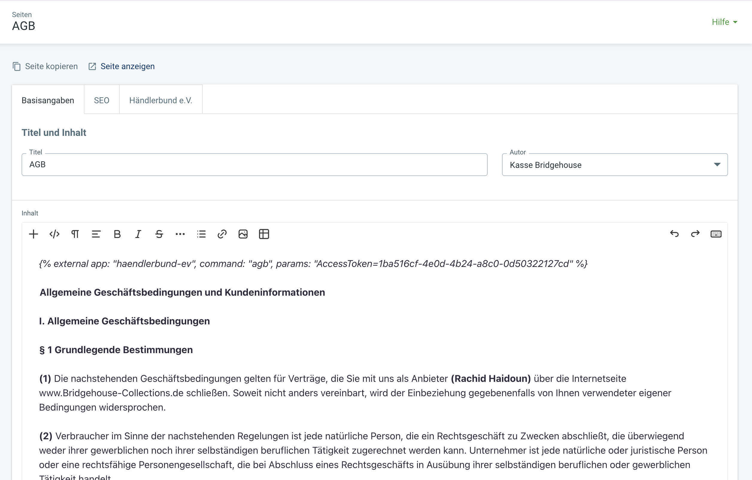 Integration von rechtlichen Texten auf der AGB-Seite im VersaCommerce-Backend.