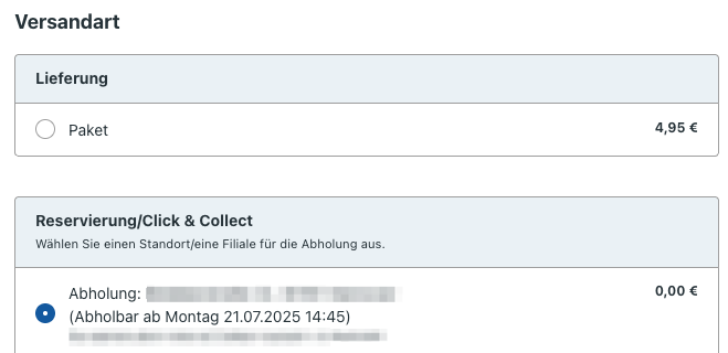 Versandart wird ausgewählt