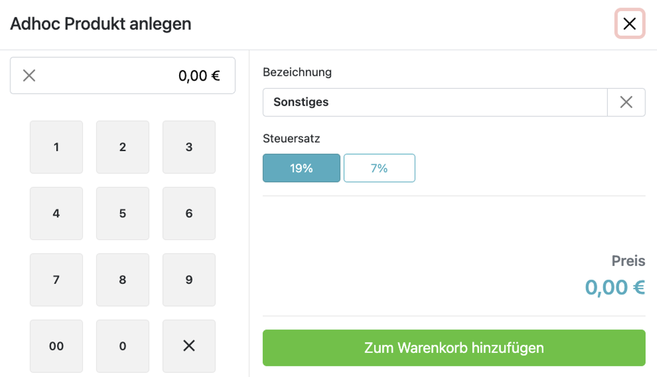 AdHoc Produkt in Kasse anlegen